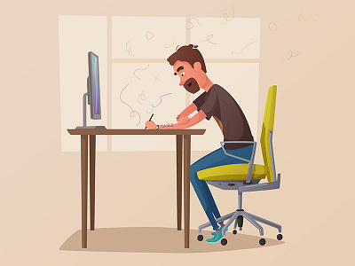 Bearded man is drawing art cartoon character draw illustration person vector work