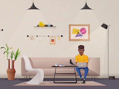 Man is working in a room. Scandinavian interior cartoon character design interior room vector working