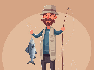 Happy fisherman cartoon character fish fisherman fishing funny illustration vector