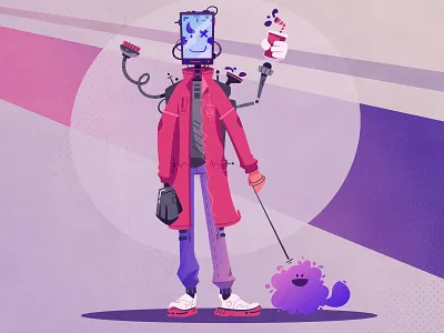 未来Future先行きმომავალიБудущееμέλλοντας. Cyborg with a dog android art cartoon character comic art cyborg design drone flat future futuristic illustration robot sci fi smartphone tech vector