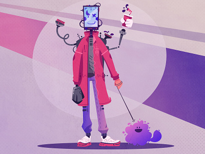 未来Future先行きმომავალიБудущееμέλλοντας. Cyborg with a dog android art cartoon character comic art cyborg design drone flat future futuristic illustration robot sci fi smartphone tech vector