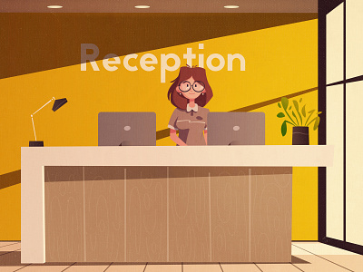 Reception cartoon character company design flat girl illustration interior interior design reception room vector