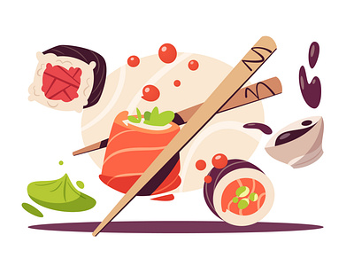 Rolls art cartoon chopsticks cuisine design flat food illustration japanese japanese food roll rolls sushi vector