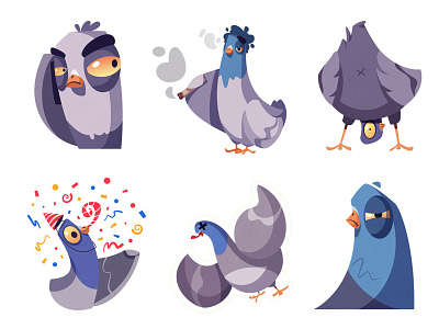 Stickers for Telegram | Pigeons part 2 art bird cartoon celebrate character dead design emotion funny icon illustration messenger pigeon sticker stickers telegram vector weed