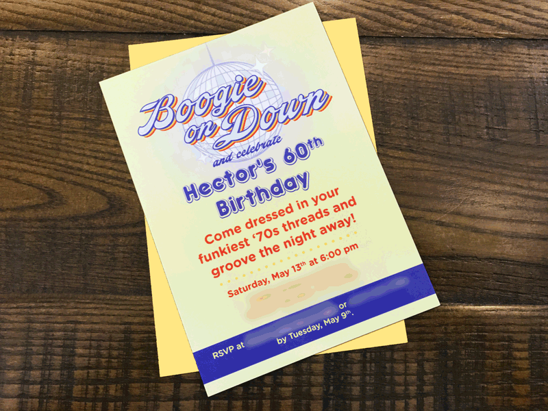 "Boogie on Down" Printed Invitation 70s disco illustration illustrator invitation mail print retro