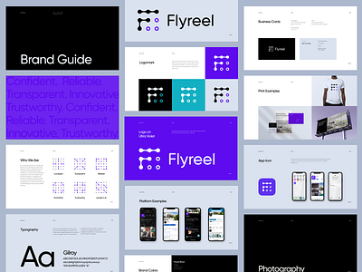 Flyreel Rebrand & Logo Design 3d ai brand brand guide brand guidelines branding businesscards color palette icon design insurance logo logomark logotype mockups node purple tech typography wordmark