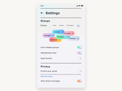 Settings · Daily UI #007 007 color palette daily 100 dailychallenge dailyui dailyuichallenge design design system gradients interface mobile app settings settings page switch switcher tags typography ui uidesign ux design