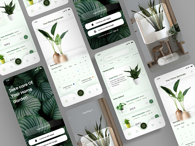 Plant Care and Commerce Application application ar bottom navigation calendar camera scan card care commerce design list login mobile plan plant reminder scan shop ui ux vr