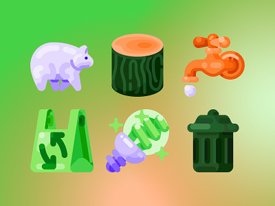 Ecology bulb faucet flat icon forest icon plastic bag polar bear trash bin tree vector