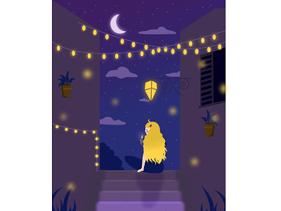Иллюстрация "Девушка под луной" design graphic design illustration ui vector волосы город графика девушка звезды кофе луна ночь рисунок фон цвета