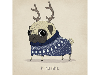 Reindeerpug antlers character character design christmas cute dog illustration pug reindeer sweater