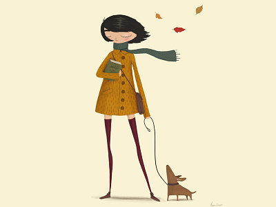 Windy autumn character character design dog fall girl illustration