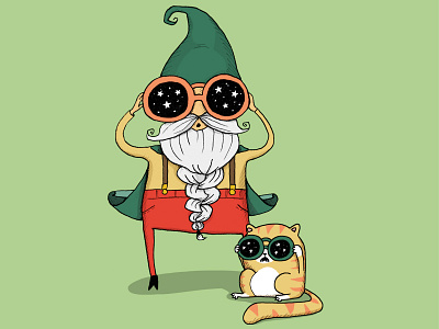 Wizard and cat art cat character character design gnome illustration ink wizard