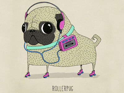 rollerpug animal character character design dog eighties funny illustration pug rollerskates