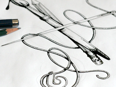 Needle, Pencil and Brush brush illustration needle paper pen pencil