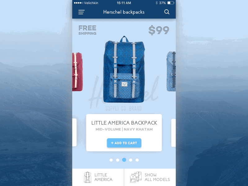 E-commerce app 12 animation backpack cards challenge dailyui ecommerce herschel little america principle prototype