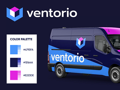 Ventorio - Brand Identity (2) box cube square brand identity brand system branding color scheme corporate delivery box identity identity design inventory management software logo logo design logo designer logotype magnifick negative space logo smart logo symbol v letter logo van design car vehicle transport