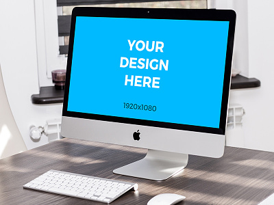 iMac on wooden table free mockup