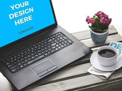 Black laptop with morning coffee on rustical table coffee free laptop mockup online placeit smartmockups template tool