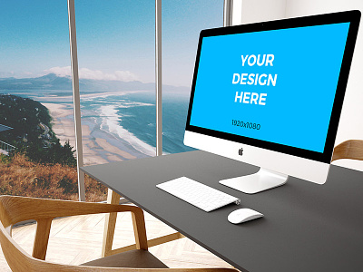Free mockup - 27" iMac on black table in modern office