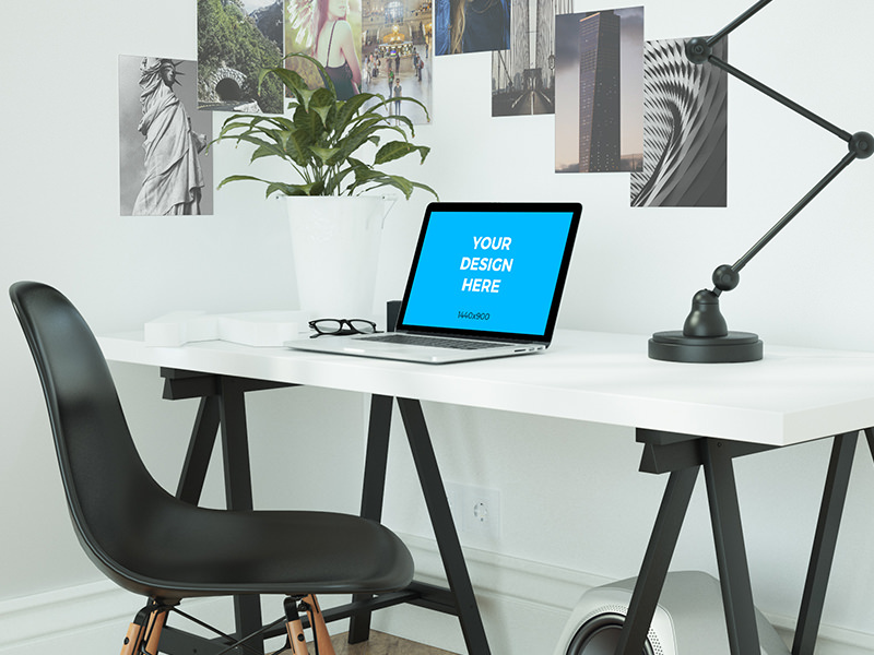 Free mockup - MacBook Pro on white table in the office posters office table macbook psd placeit freebie smartmockups template mockup