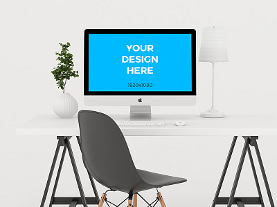 Free mockup - iMac on wooden table in minimalistic office