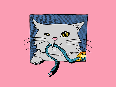 Chewing That Shoelace cat digital illustration ink inktober inktober 2019 shoelace