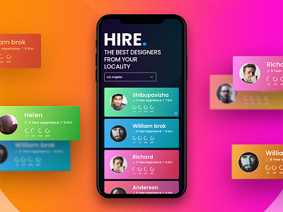 A Complete iOS App for Hiring Designers app design floating menu profile colourful dark theme hiring app ios interactive prototype uiux
