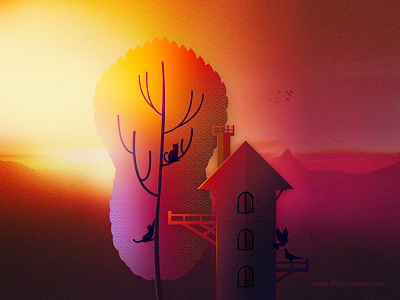 The colour of sunset birds cat colourful digital art illustration forest leaves lighting nature photoshop sunset tree