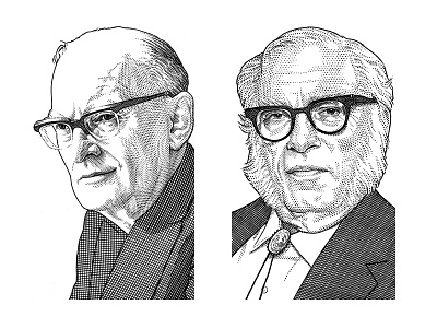 Clarke & Asimov hedcut pen ink portrait stipple