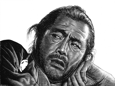 Sanjuro black and white claybord line art pen and ink portrait scratchboard toshiro mifune