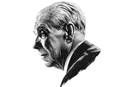 Jorge Luis Borges black and white lineart pen and ink portrature