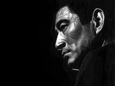 Ken Takakura black and white claybord line art pen and ink portrait scratchboard