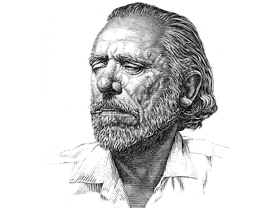 Charles Bukowski black and white lineart pen and ink portrait