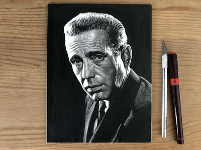 Humphrey Bogart black and white lineart noir pen and ink portrait scratchboard