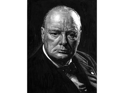 Winston Churchill black and white handdrawn hedcut illustration line art pen ink scratchboard