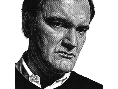 Quentin Tarantino black and white engraving ink line art lineart pen and ink portrait scratchboard