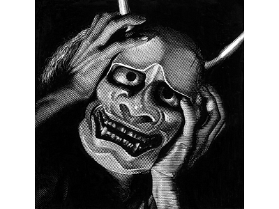Onibaba black and white japan line art mask pen and ink scratchboard