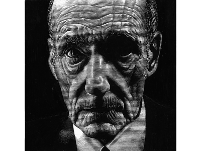 William Burroughs black and white line art lineart pen and ink portrait scratchboard