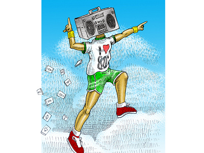 I Love Eighties 1980s boom box cartoon cassetts clouds crosshatch digital funny illustration