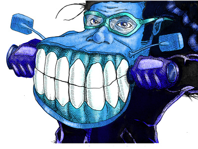 My Dentist Likes to Ride - Analogous Remix cartoon crosshatch digital editorial funny illustration motorcycle portrait