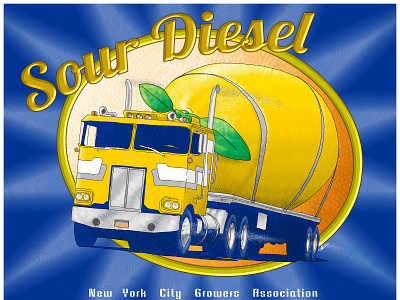 Sour Diesel cannabis crosshatch digital fruit box art illustration label