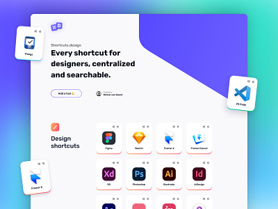 Shortcuts.design V2 - Home tools overview card card overview cards dark mode gradient header hero logo open source overview responsive shortcuts svg tools