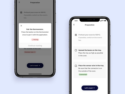 Coffee by Benjamin - Connect thermometer & roasting process bluetooth clean clean ui connect connected connection ios minimal modal overlay pair pairing panel tasks thermometer to do white whitespace