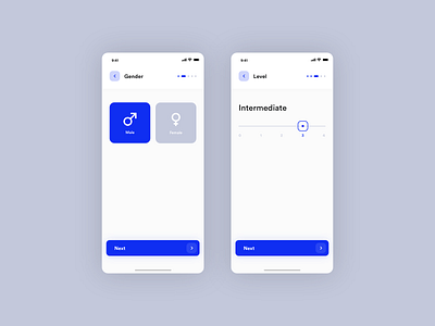 Gender & Level arrow back blue bullets button chooser complex cta female male mobile next registration selector