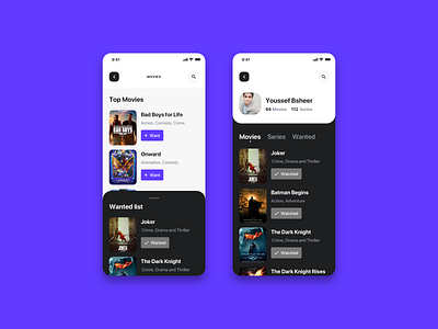 Tracktain - Top movies & Profile back boxes button mobile modal movie movie app profile profile design profile page profiles search series taps track wanted wantedlist watchlist