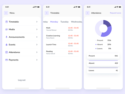 App Menu & timetable & Attendance attendance back boxes buttons cards cta dates design graph menu mobile percentages product design stats swipe timetable ui ux