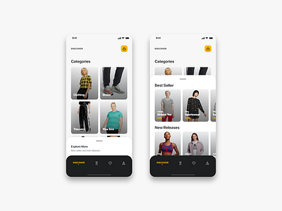 Fashiony - Home(Rebound) best seller bottom bar bottom nav boxes cards categories design discover home icons mobile mobile app modal new titles trend ui uiux