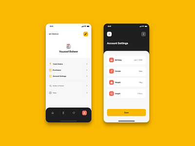 Fashiony - Profile & Account Settings account back birthday buttons cards cta edit gender height help inputs invite a friend process product design profile settings sorting track orders tracker weight loss