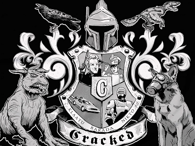 Cracked Crest black and white cracked crest delorian dinosaur dog gas mask gun illustration president robocop shield